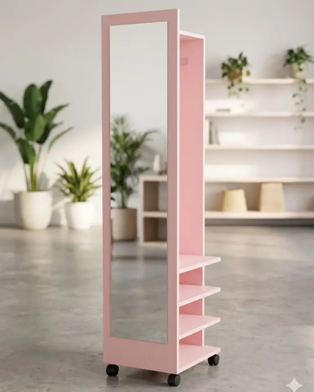 miroir pleine longueur rotatif avec penderie et étagères modèle Valéria rose