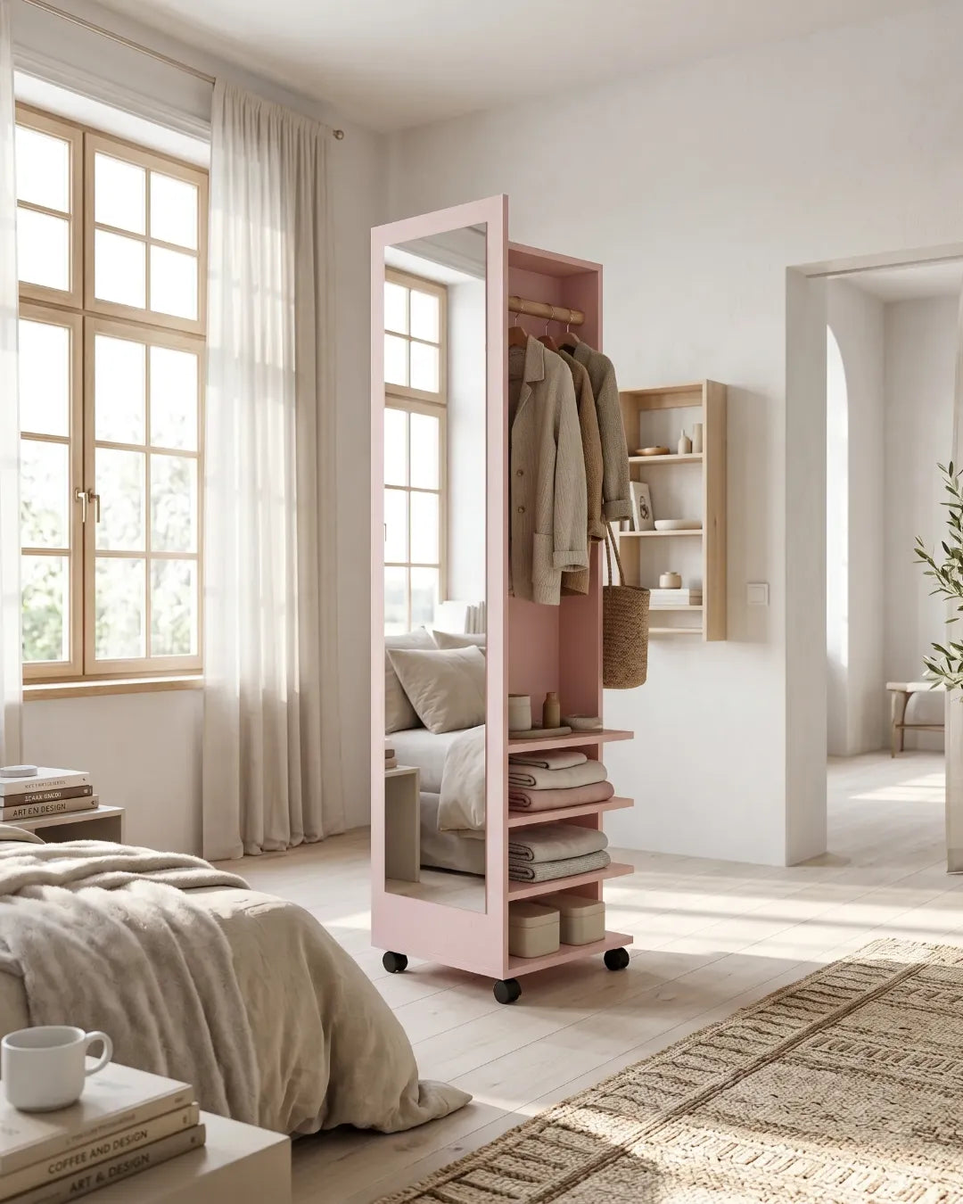 miroir pleine longueur rotatif avec penderie et étagères modèle Valéria rose dans une chambre à coucher 