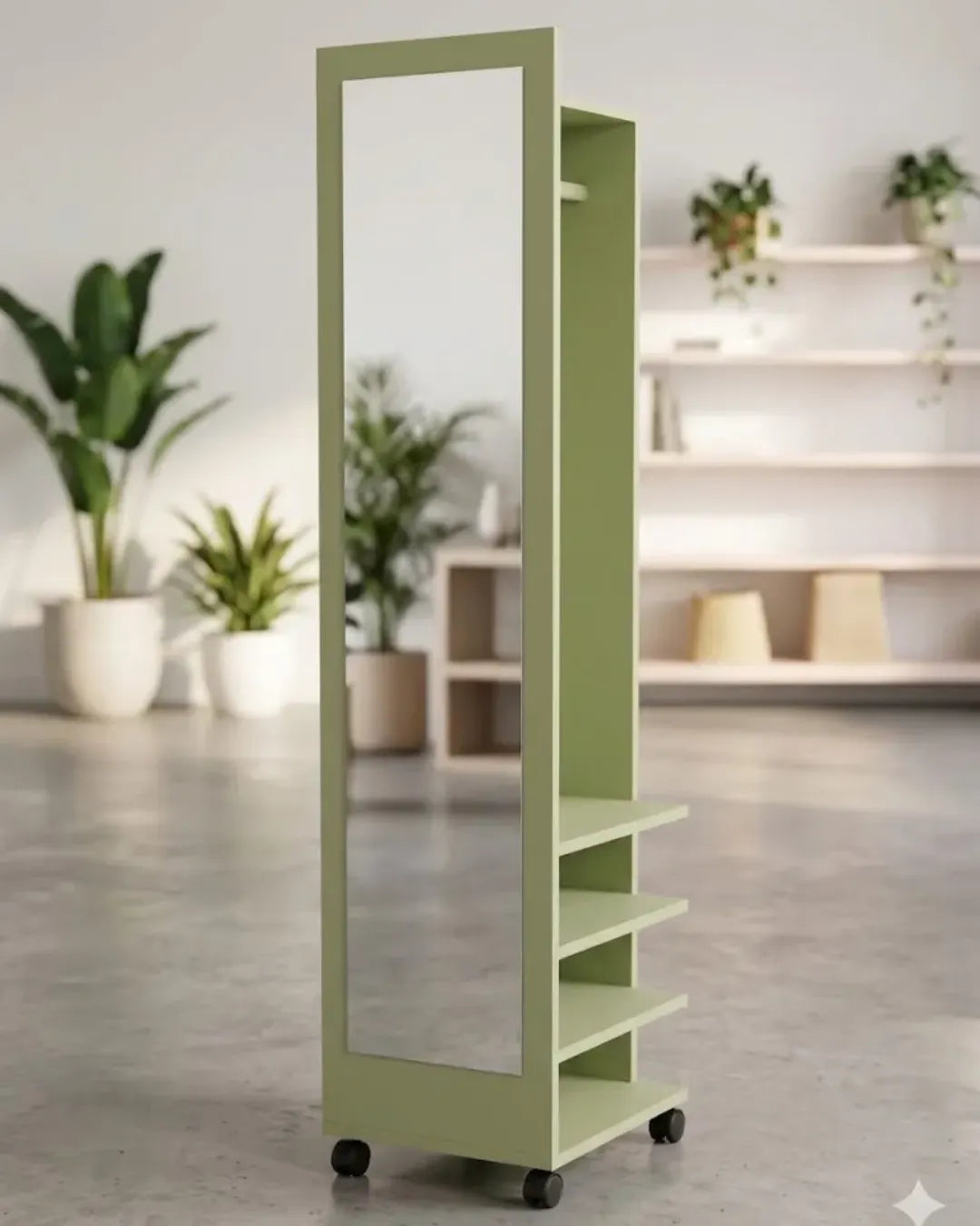 miroir pleine longueur rotatif avec penderie et étagères modèle Valéria vert
