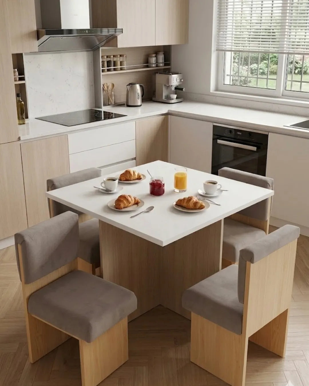 table à manger kora avec un tissu bouclette  de couleur gris et une finition bois naturel