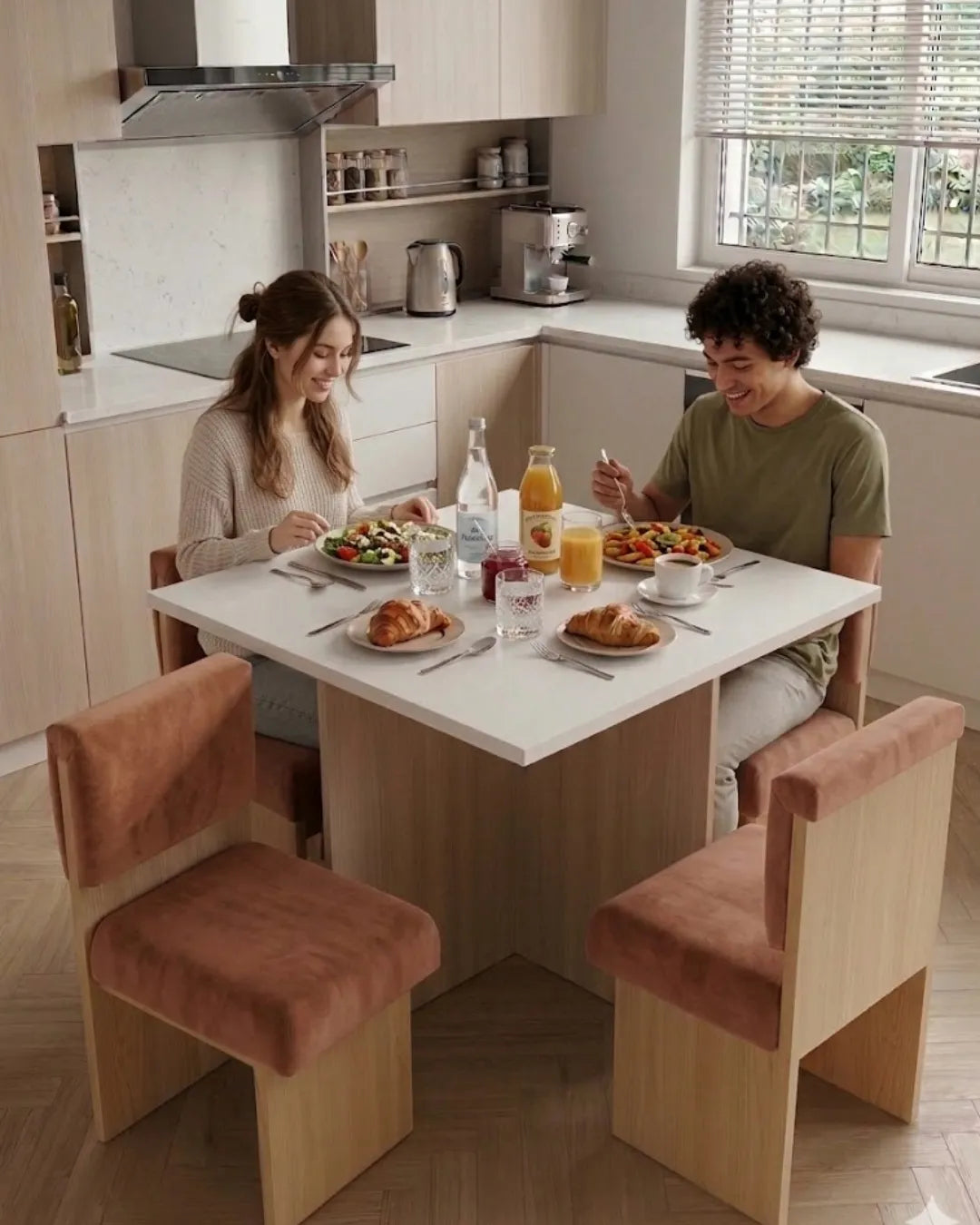 image de la table à manger kora avec un tissu bouclette couleur terracotta et une finition bois naturel