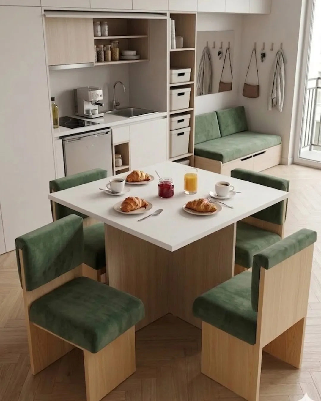image de la table à manger kora avec un tissu bouclette couleur vert et bois naturel