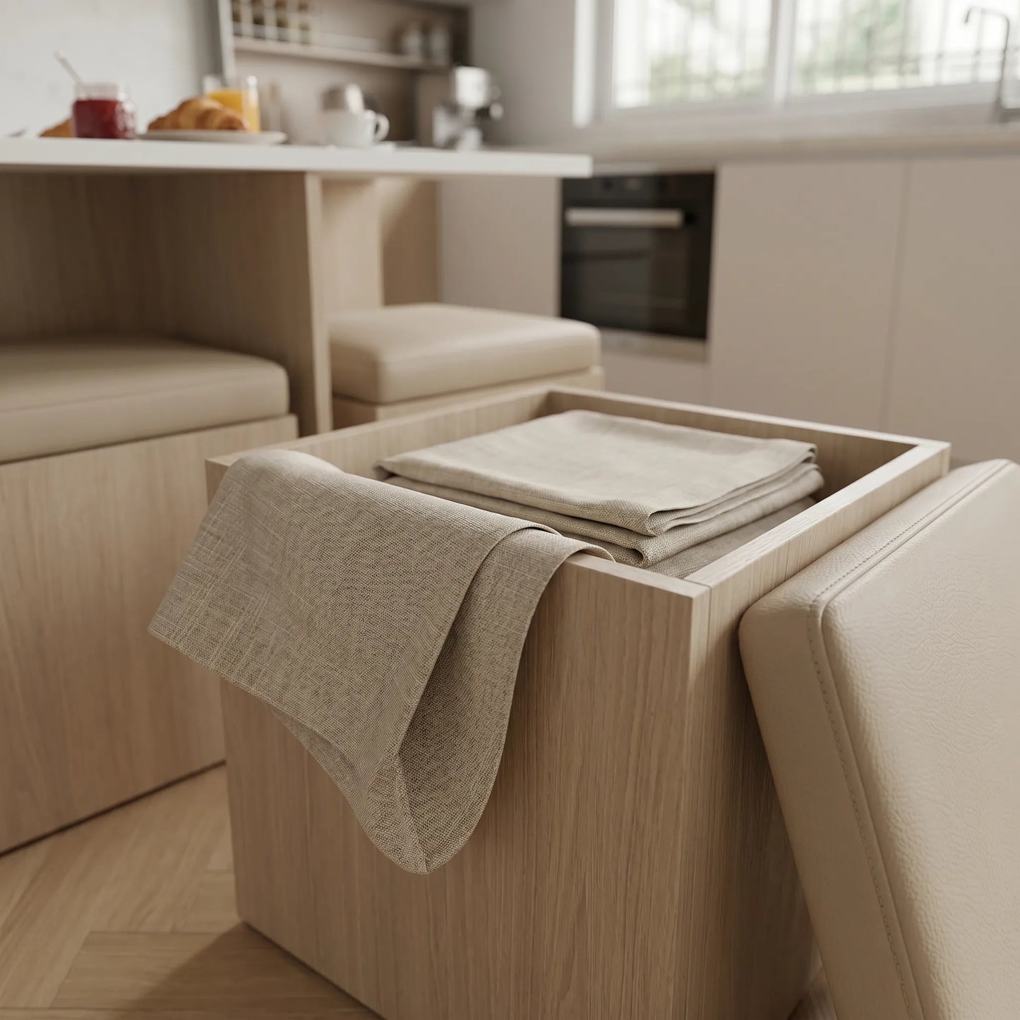 table à manger Milo ,chêne ,crème, détail rangement du tabouret. 46 litres de rangement
