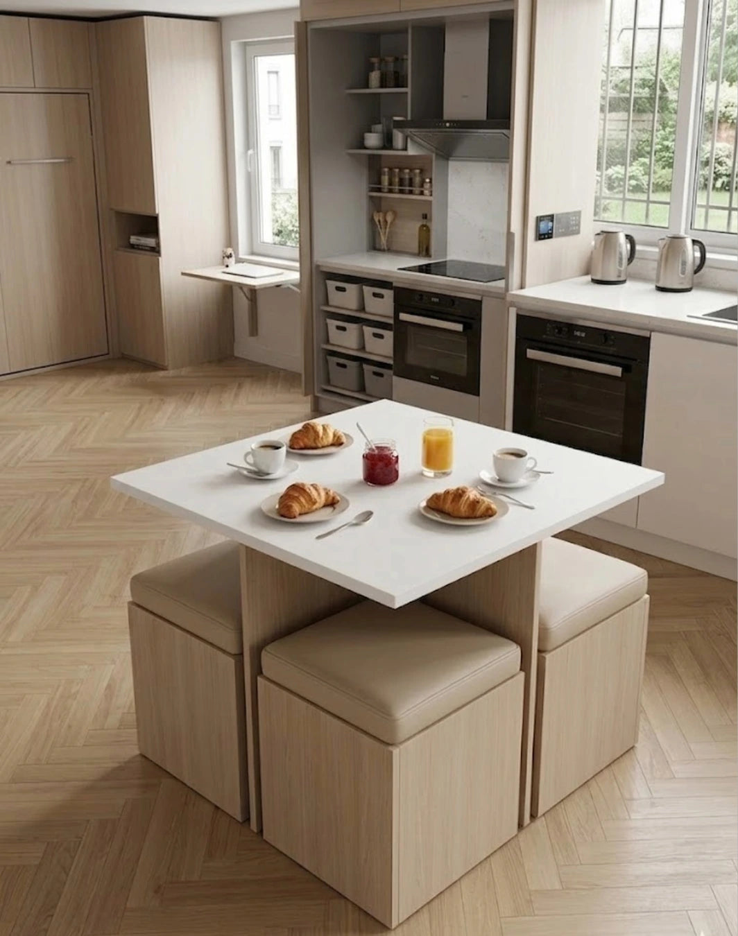 table à manger Milo avec 04 tabourets, Plateau de table blanc, piétement en chêne, corps des tabourets en chêne et assise en similicuir beige.