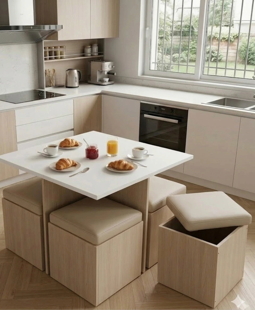 table à manger carrée 80x80 cm avec tabourets et rangement intégré , en  MDF, vue de face, couleur chêne et assise tabouret crème