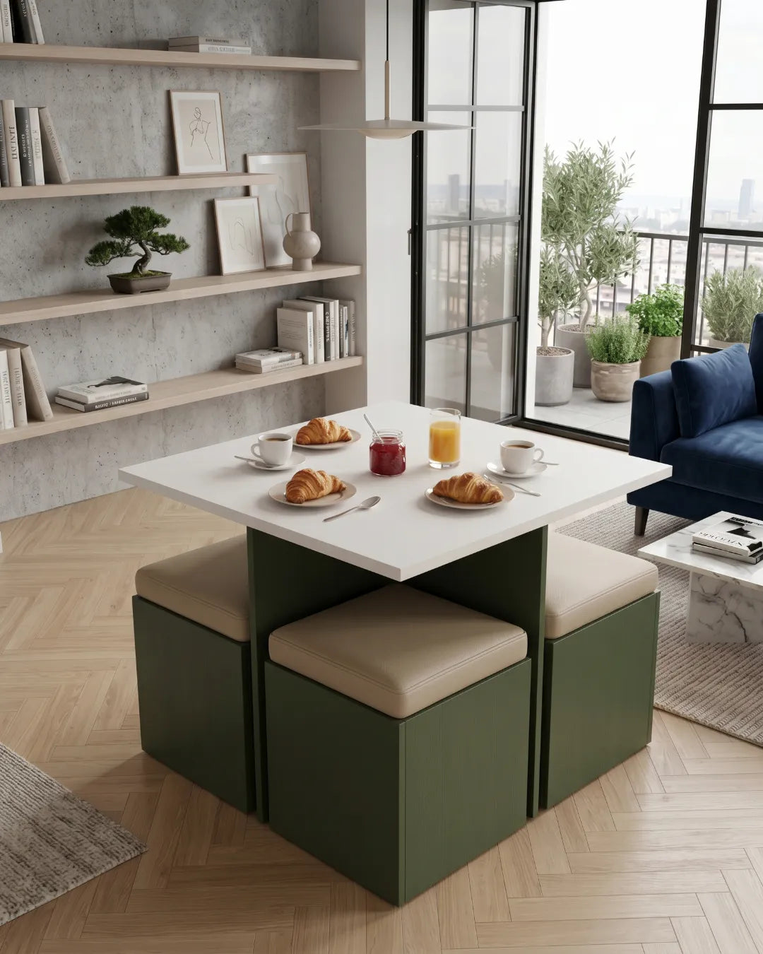 table à manger Milo, couleur vert Botanic ,assise crème