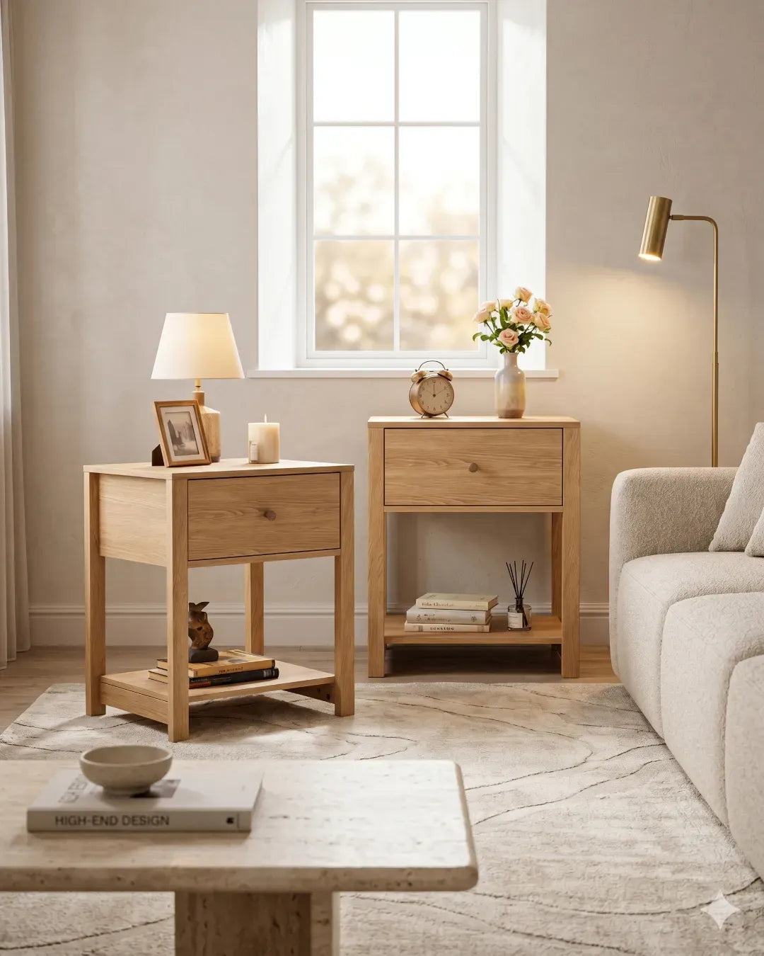 table de chevet ou table pour bout de canapé avec tiroir et étagère couleur chêne vue de de face et profil dans un salon