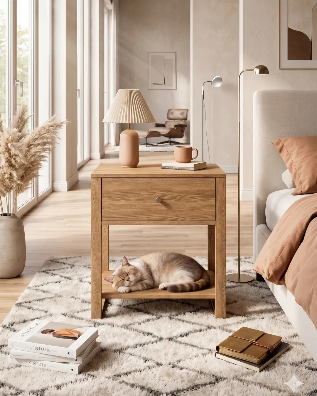table de chevet et table pour bout de canapé avec tiroir et étagère couleur chêne vue de face dans une chambre à coucher