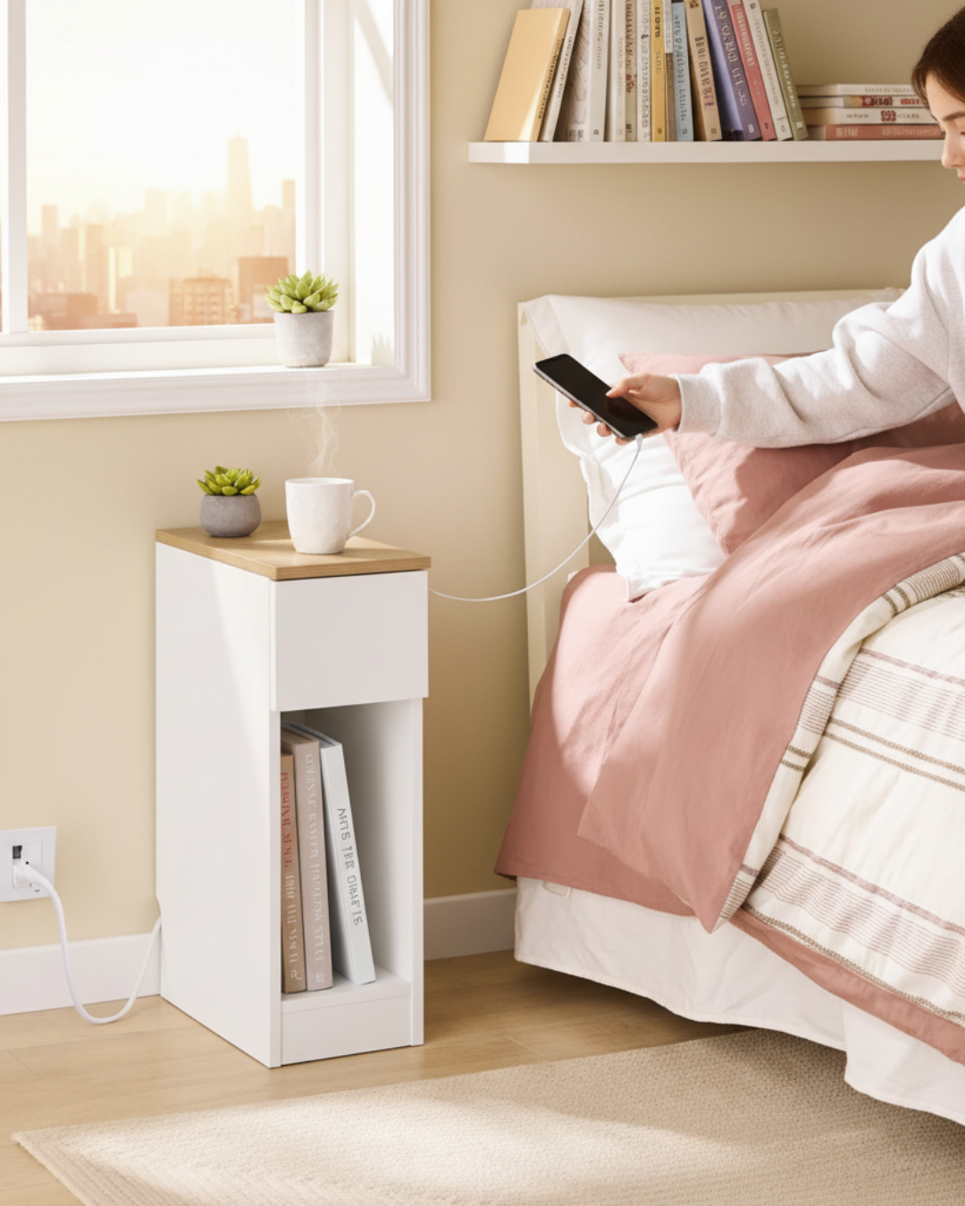 Linea – Table de Chevet Ultra-Slim Connectée avec Tiroir et Station de Charge