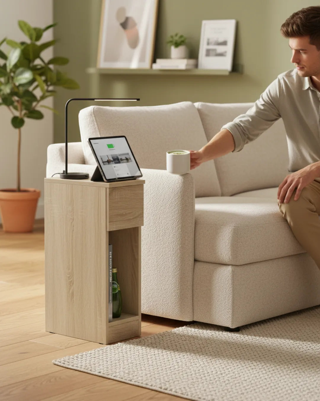 Linea – Table de Chevet Ultra-Slim Connectée avec Tiroir et Station de Charge