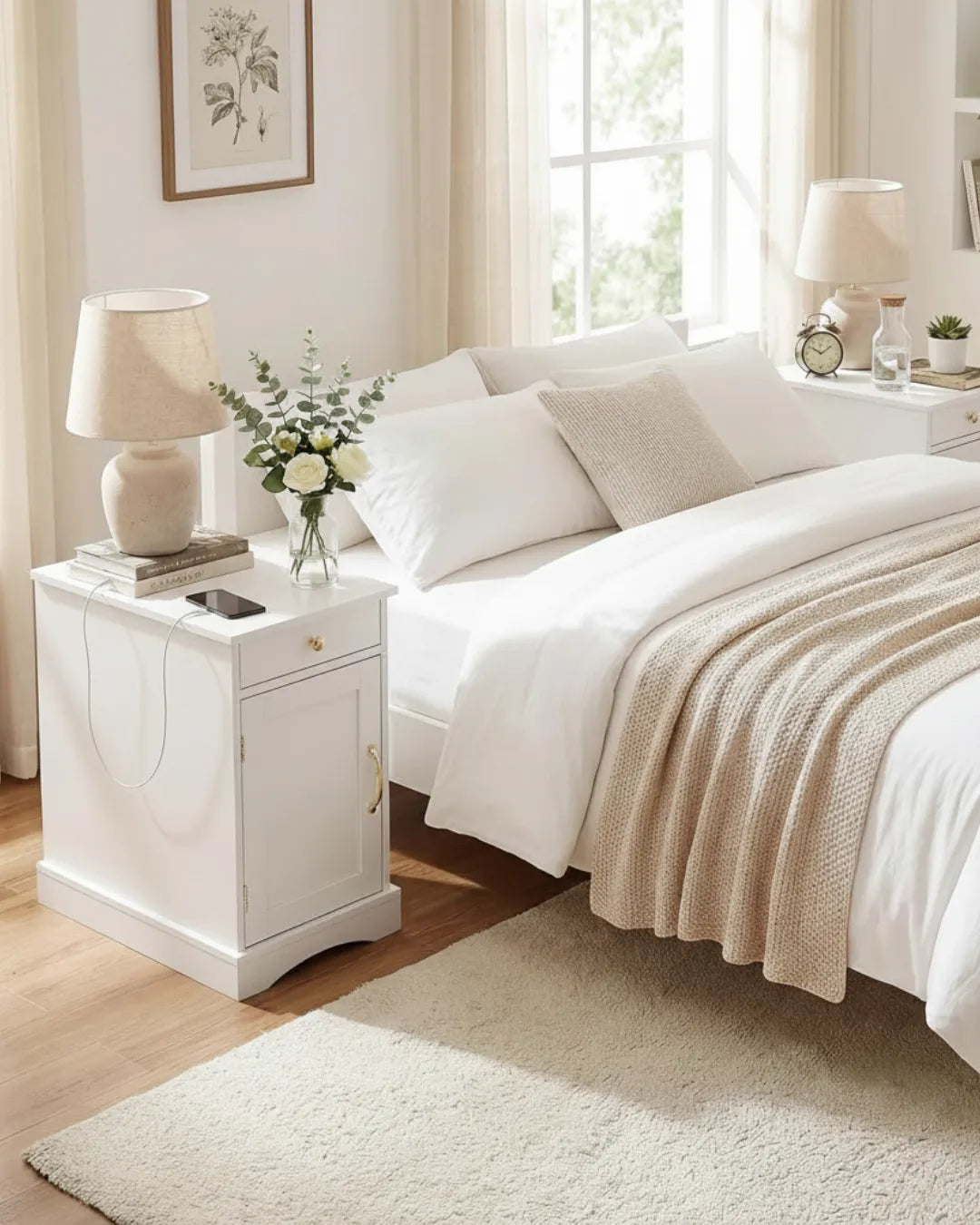 table de chevet et appoint couleur blanc  dans une chambre avec téléphone en charge