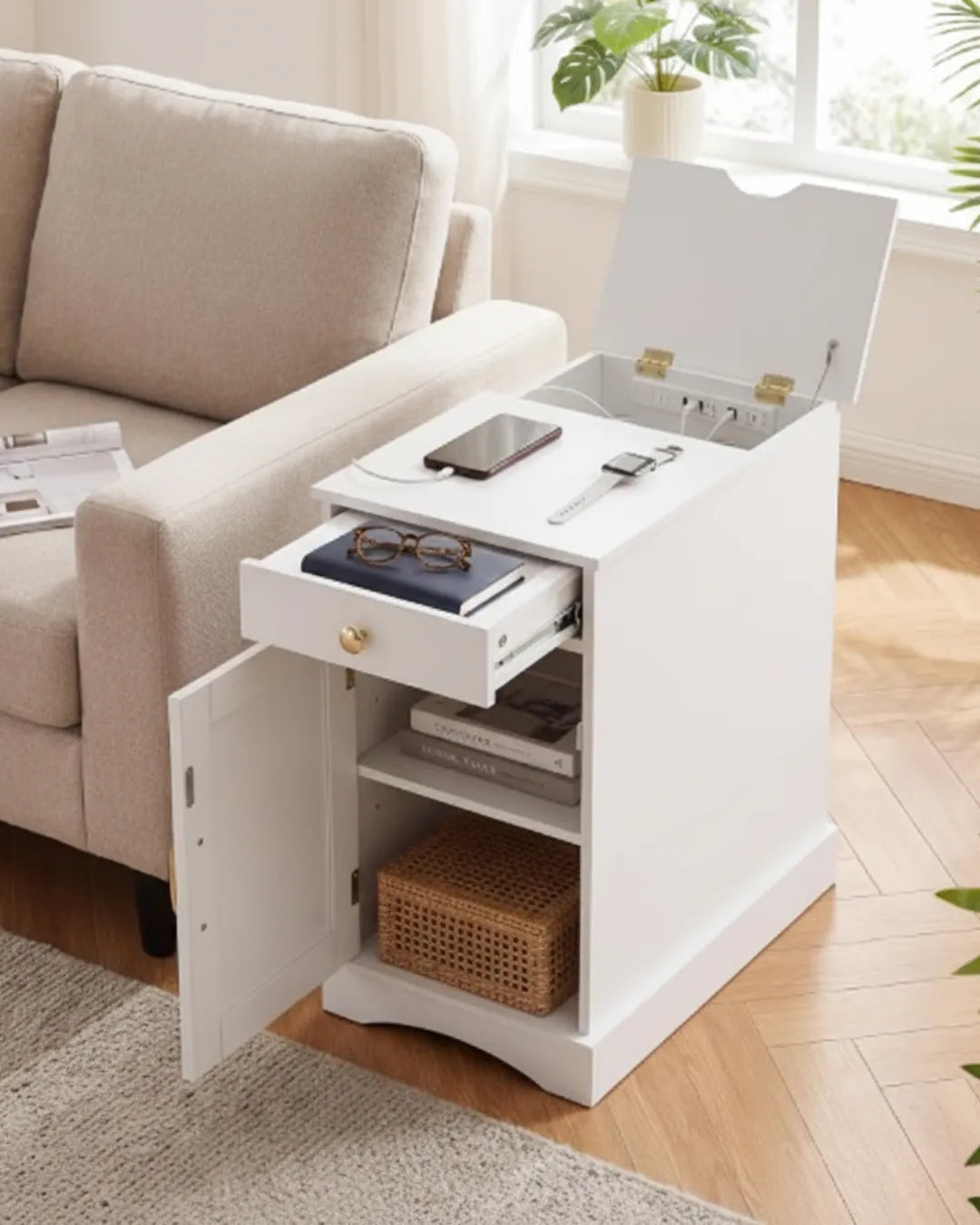 table d'appoint Nexus couleur blanc station de charge ouvert dans un salon