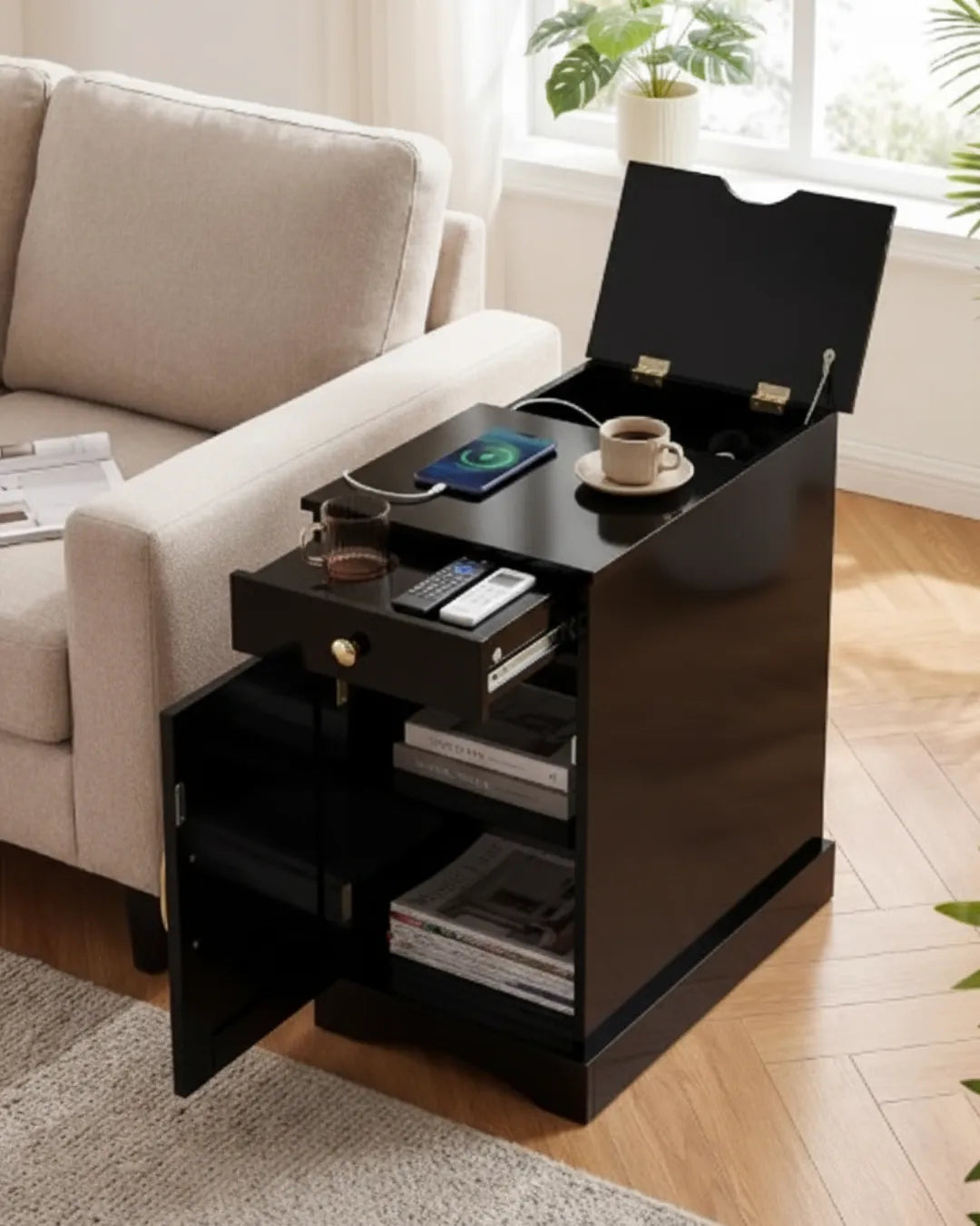 table d'appoint Nexus en bout de canapé station de charge ouvert couleur noir