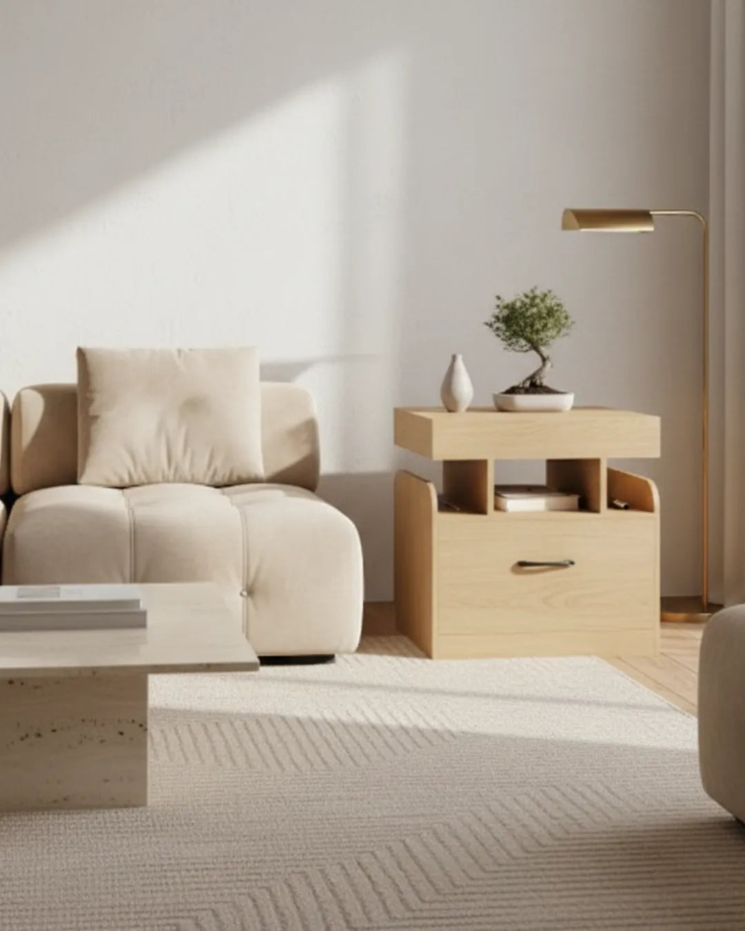 table de chevet et appoint de canapé Orion  dans un salon ,finition  bois chène