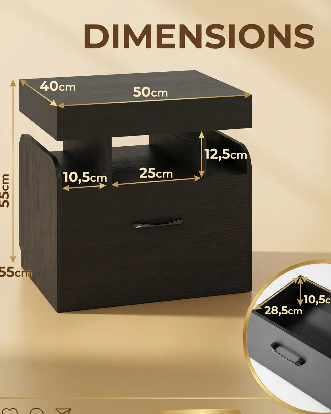 infographie et dimensions de la table à chevet Orion