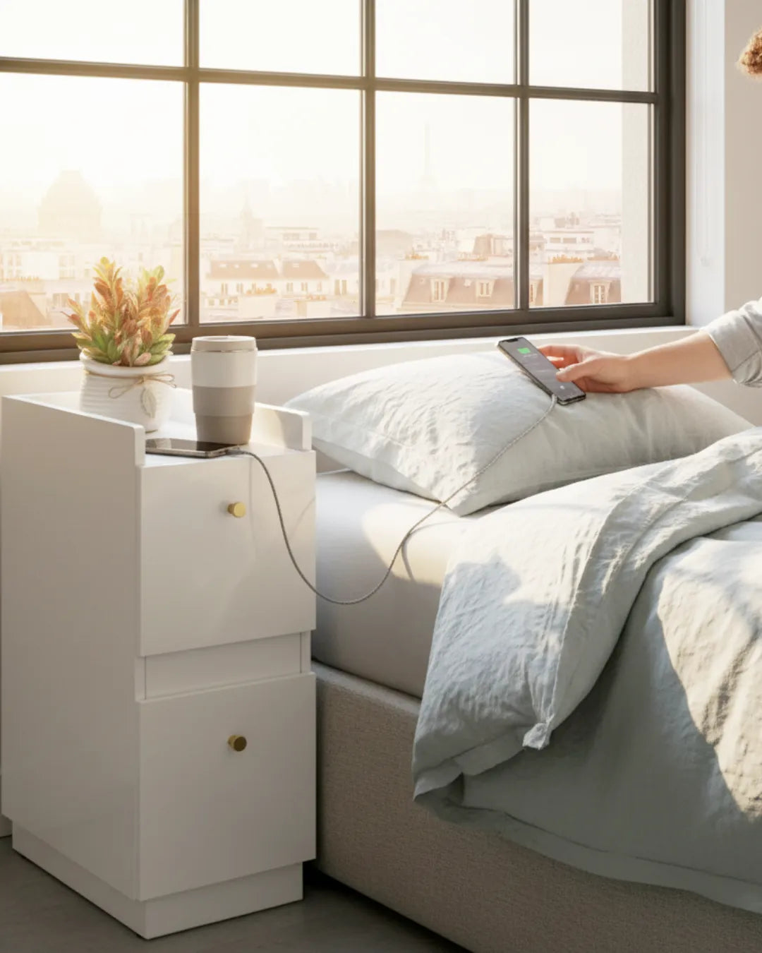 table d'appoint ultra mince Zenith couleur blanc dans une chambre à coucher
