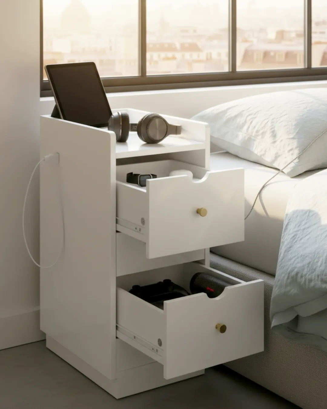 table d'appoint ultra mince Zenith couleur blanc tiroir ouvert  station de charge en utilisation
