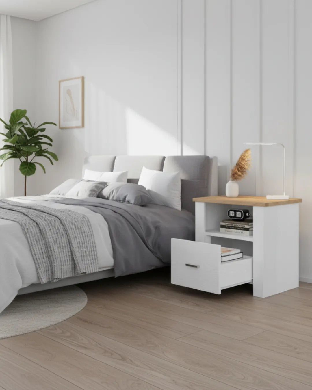 table de chevet en MDF Harper couleur blanc tiroir ouvert dans une chambre