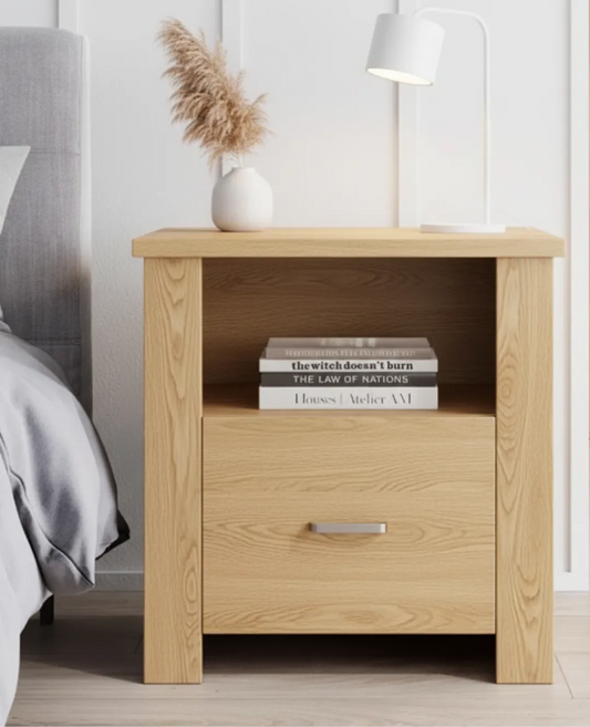 table de chevet en bois MDF Harper couleur chène avec détail de couleur  