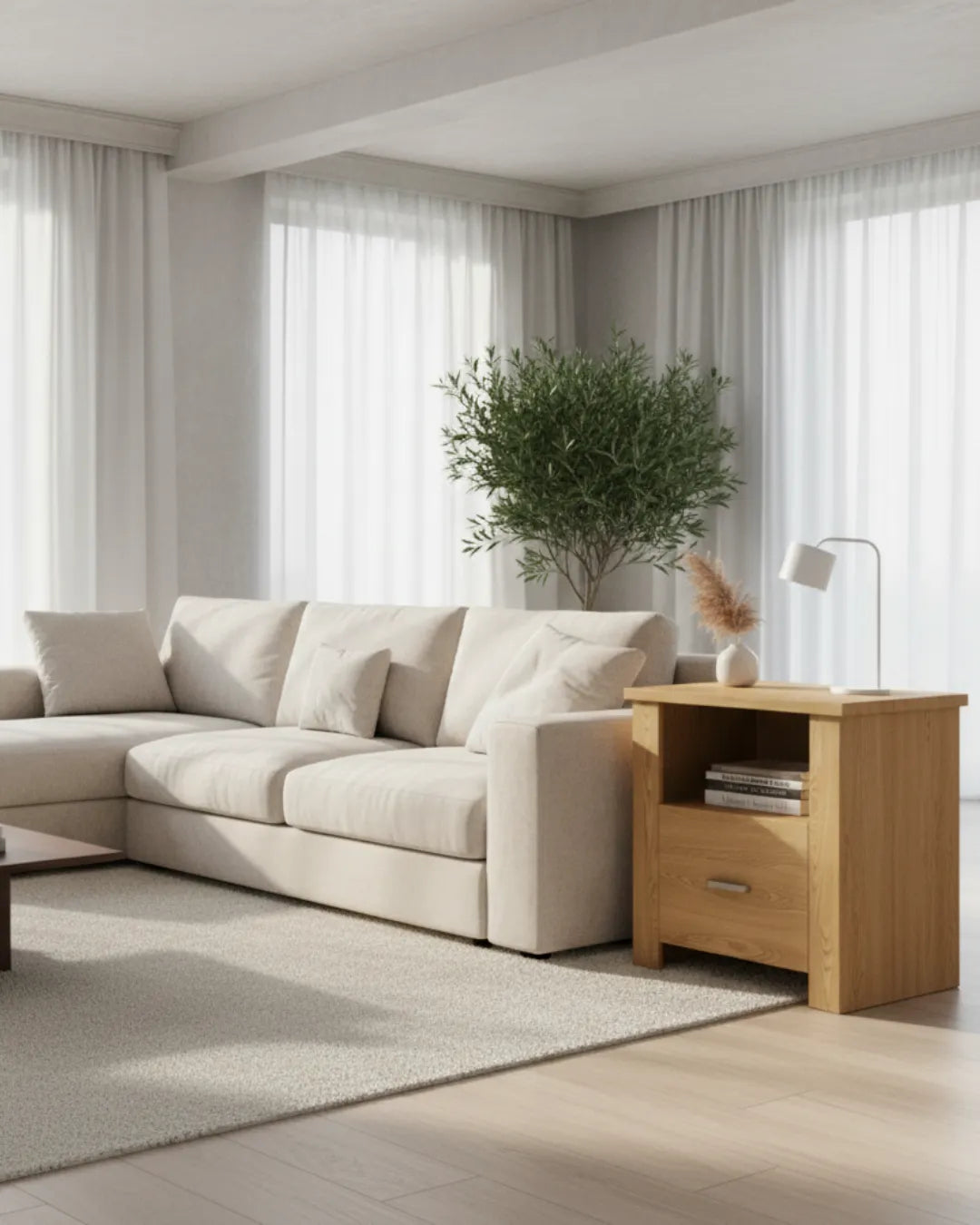 table de chevet et d'appoint pour canapé harper en bois MDF avec un tiroir et une niche couleur chêne dans un salon