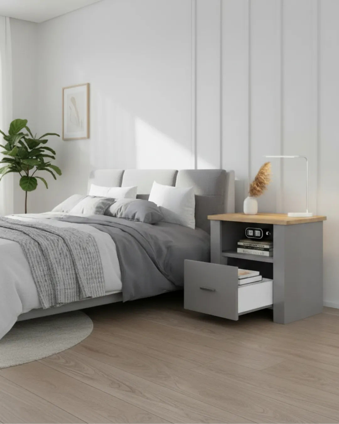 table de chevet en bois Harper couleur gris dans une chambre