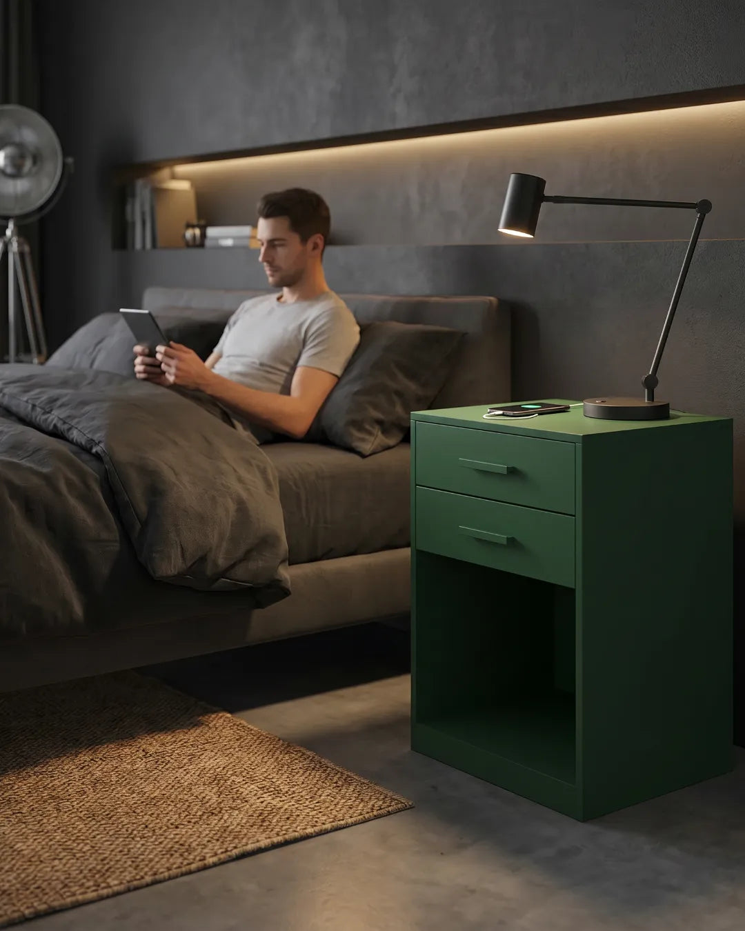 table de chevet Kube couleur vert dans une chambre à coucher
