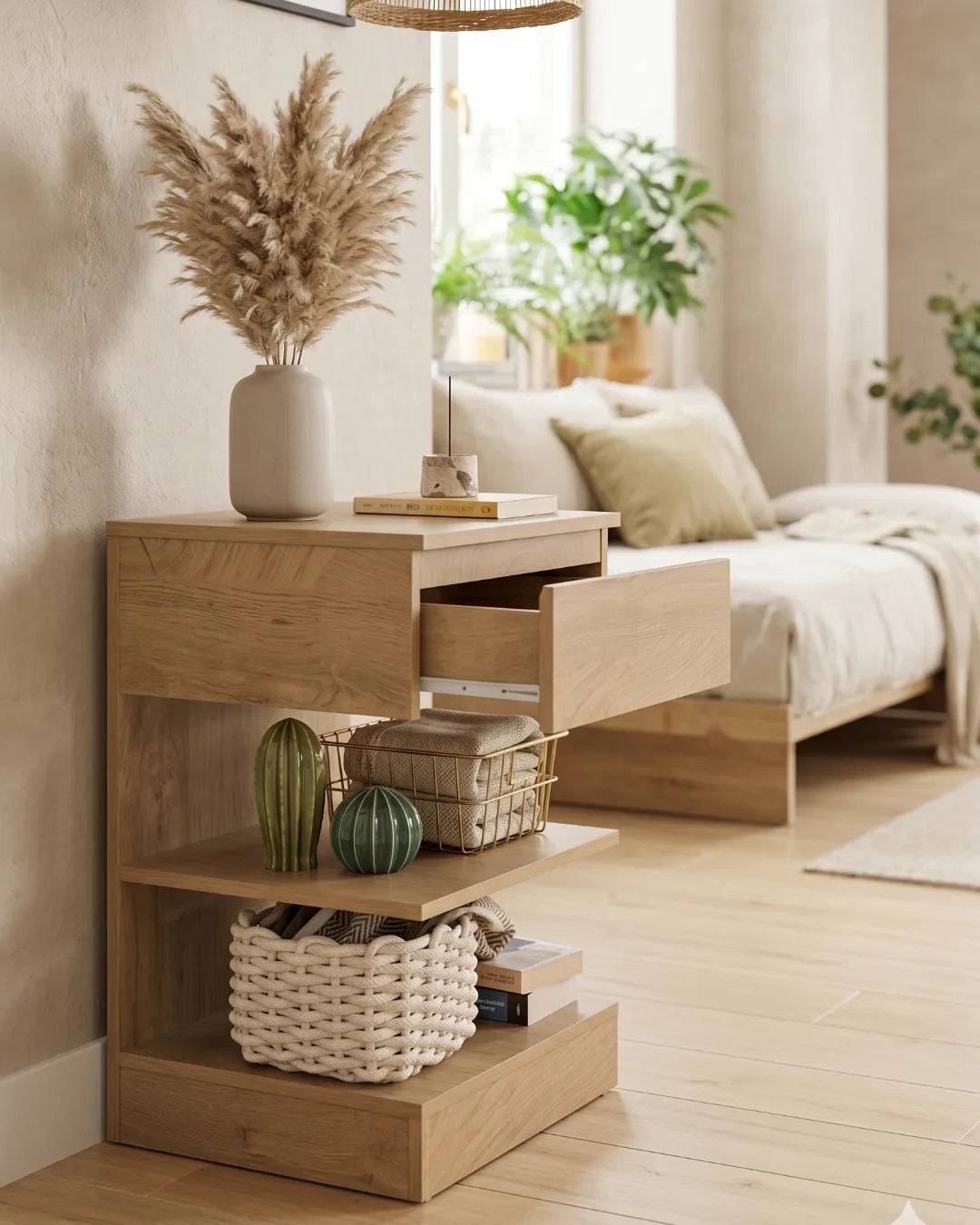 table de chevet et d'appoint en MDF Luna couleur chêne tiroir ouvert