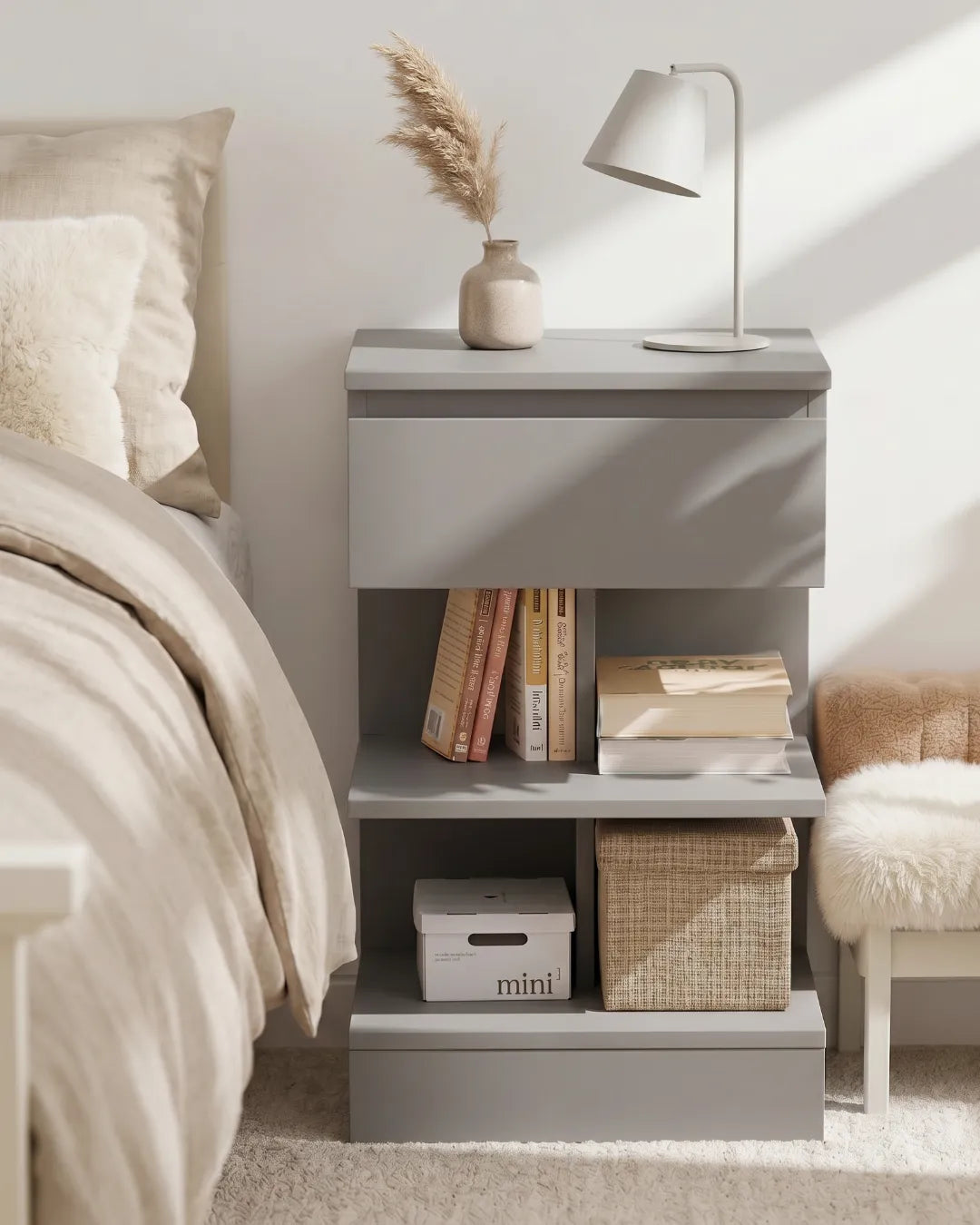 table de chevet en MDF Luna couleur gris dans  une chambre