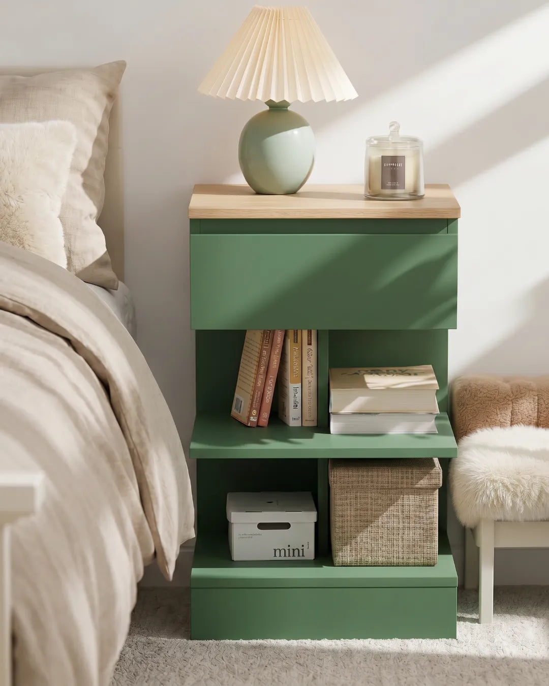 table de chevet en MDF  Luna couleur vert  dans une chambre