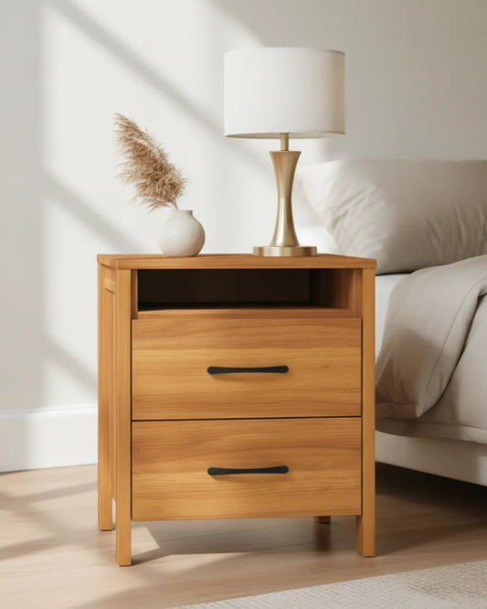 table de chevet nova en bois couleur noyer dans une cambre vue de  face